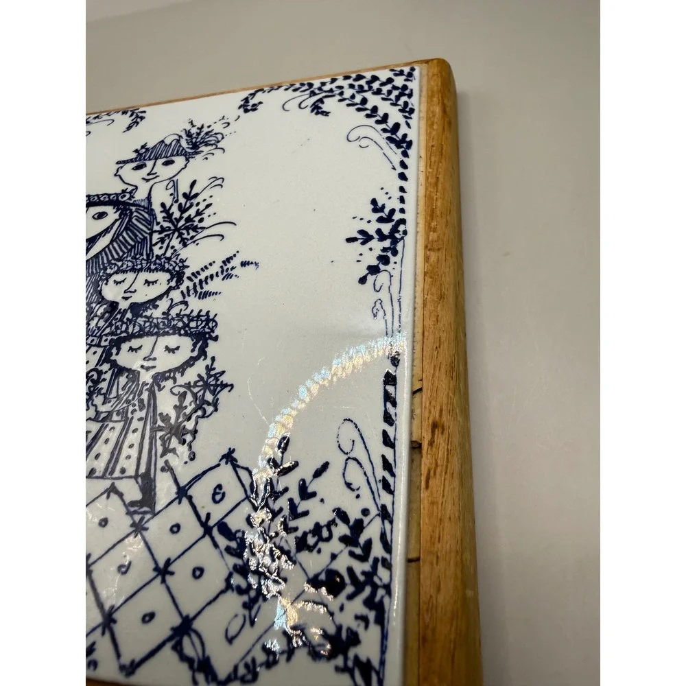 Vintage Bjorn Wiinblad Ceramic Trivet Blue White Danish Modern Wood Frame 6x6
